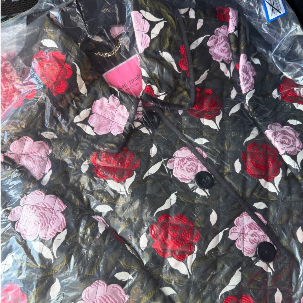 Kate Spade New York Sz XL Quilted Floral Rose Jacket Coat Black Pink Red - Picture 2 of 16
